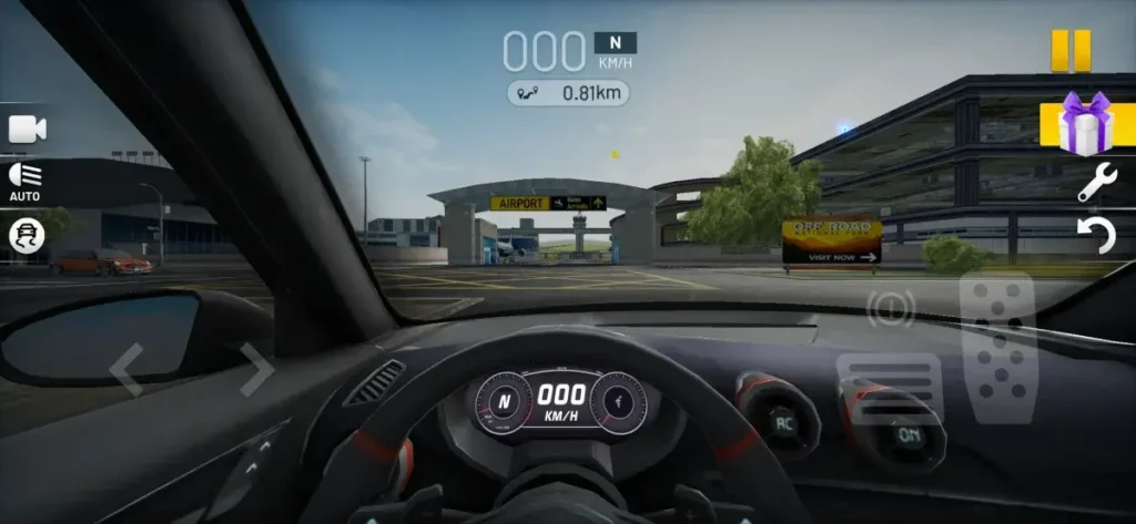 Extreme Car Driving Simulator first-person driving gameplay screen.