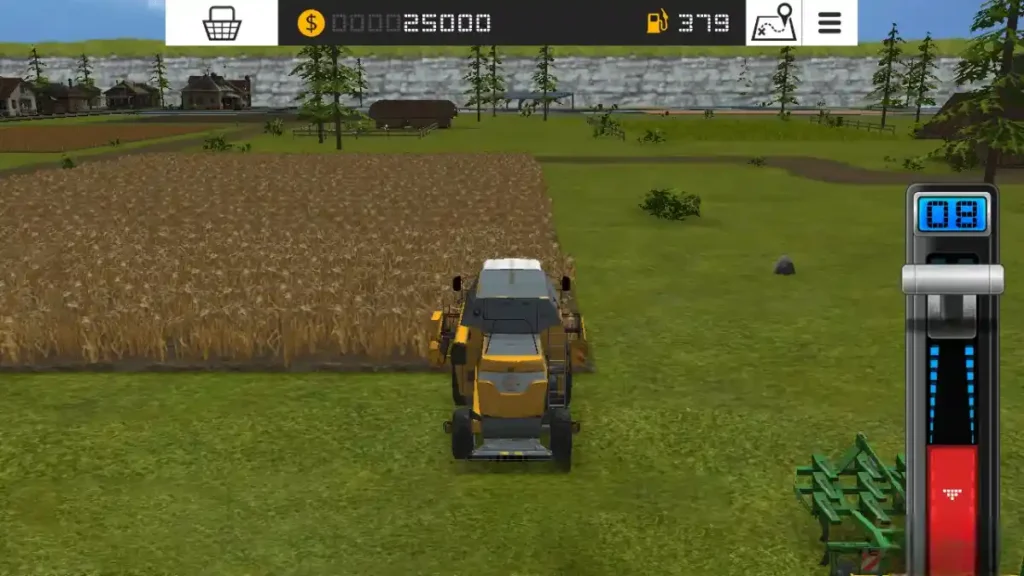 Farming Simulator 16 hack mod gameplay interface with a harvester on a farm