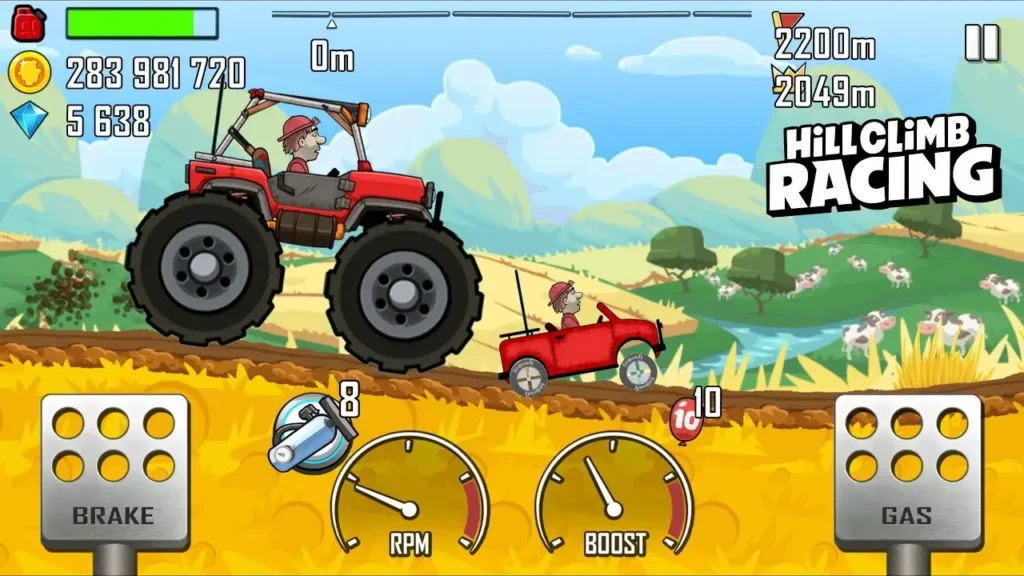 Hill Climb Racing mod apk gameplay showing unlimited coins and gems