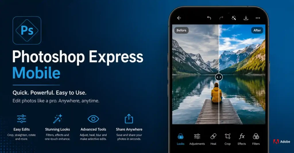 Photoshop Express premium photo editor banner on a dark blue background