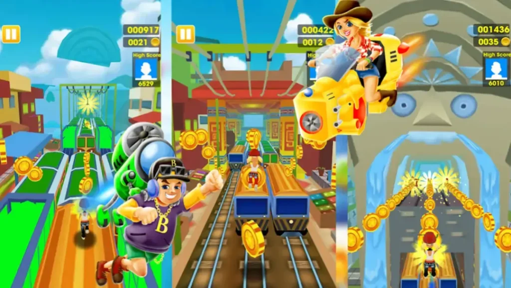 Subway Princess Runner game mod with characters riding a flying jetpack and a hoverbike.