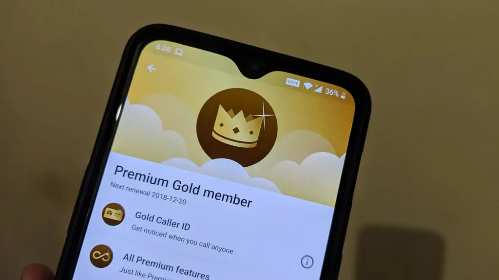 Truecaller Premium Gold caller ID membership screen on an Android device