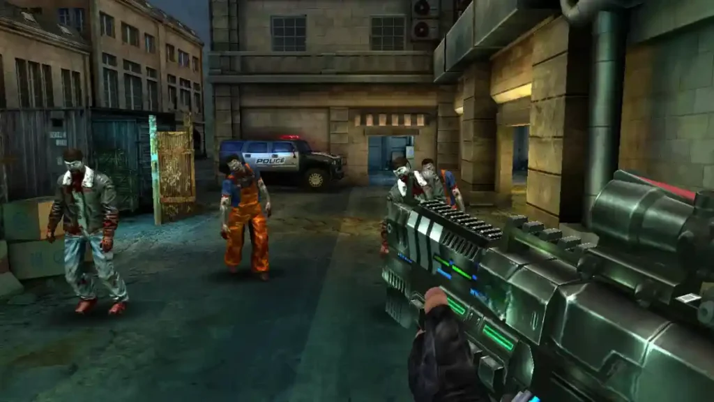 Dead Target mobile zombie shooter gameplay with a futuristic rifle