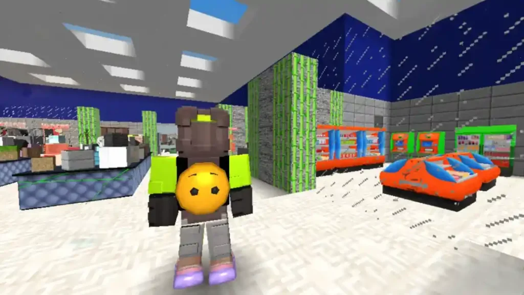 School Party Craft game blocky avatar standing inside a custom building